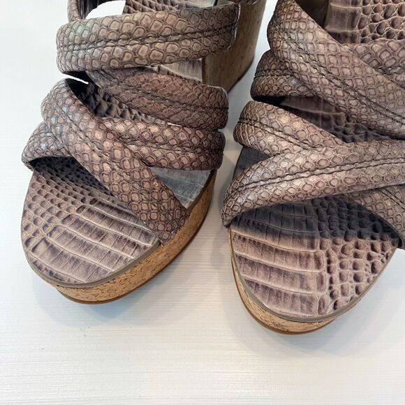 Tory Burch Taupe Python Embossed Leather Cork Wedge Strappy Sandals Size 10 M - Picture 5 of 11